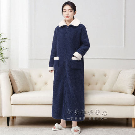 可外穿珊瑚绒保暖拉链睡衣家居服冬加绒翻领睡袍长款到脚踝法兰绒