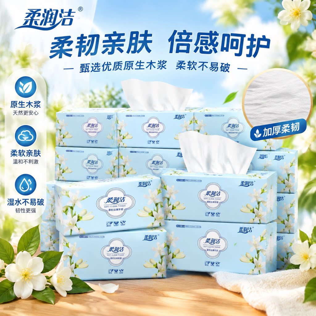 柔润洁小苍兰【24包】原生木浆可湿水卫生纸加厚柔软湿抽纸家庭装