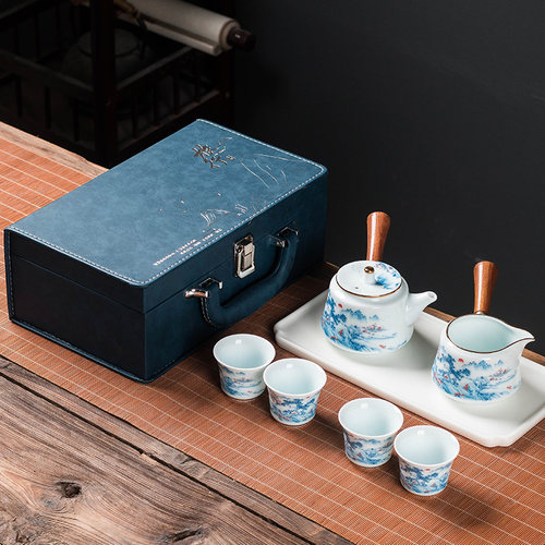 影青木柄侧把壶旅行功夫茶具套装便携包户外一壶四杯陶瓷家用简约 - 封面