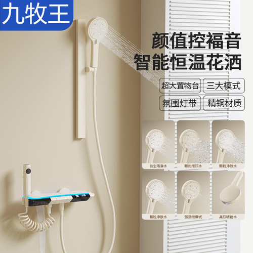 新品花洒套装浴室奶白枪灰恒温数显氛围灯家用沐浴淋浴花洒卫生间