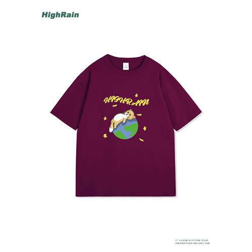 HighRain酒红色星球猫咪印花T恤