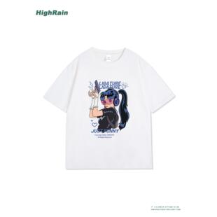 HighRain欧美街头潮牌T恤酷帅持枪少女印花宽松百搭二次元短袖风