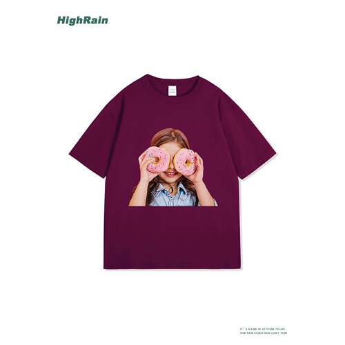 紫色可爱甜甜圈印花短袖T恤女潮
