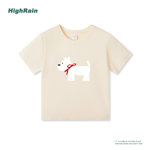 T恤女收腰显瘦百搭上衣潮 HIGH RAIN纯棉正肩可爱小狗个性 修身 短袖