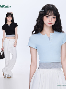 HIGH RAIN奶呼呼蓝色撞色假两件短袖T恤女清纯系松弛感减龄上衣潮