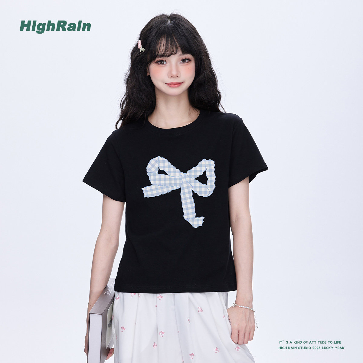 蝴蝶结格子印花短袖T恤
