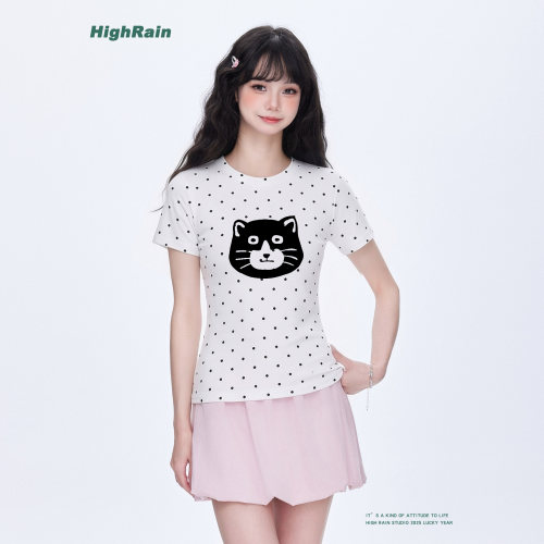 HighRain甜美波点猫咪短袖T恤女