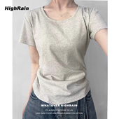 新款 美式 正肩T恤女灰色收腰显瘦短袖 夏季 修身 辣妹打底内搭上衣夏