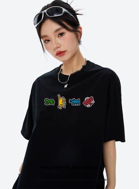 HIGH RAIN设计感小众卡通印花白色短袖T恤夏季宽松休闲百搭情侣