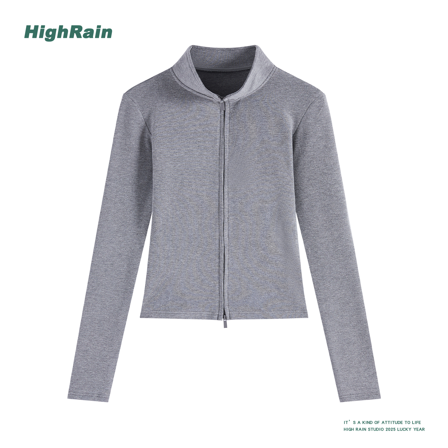 韩系简约纯色立领拉链长袖开衫女