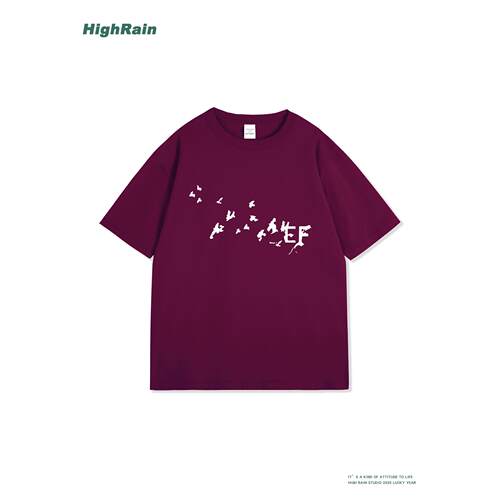 HighRain高街潮牌酒红色飞鸟印花