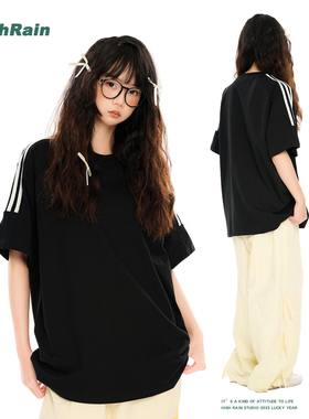 HIGH RAIN 黑色短袖美式复古三条杠短袖T恤男女夏季新款宽松上衣