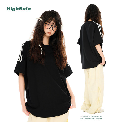 美式复古三条杠短袖T恤男女同款