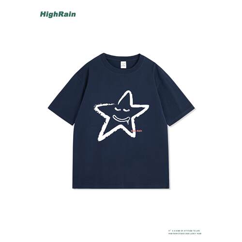 HighRain藏青色笑脸星星短袖T恤