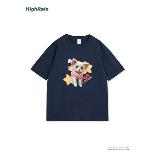 HighRain藏青色印花短袖T恤可爱