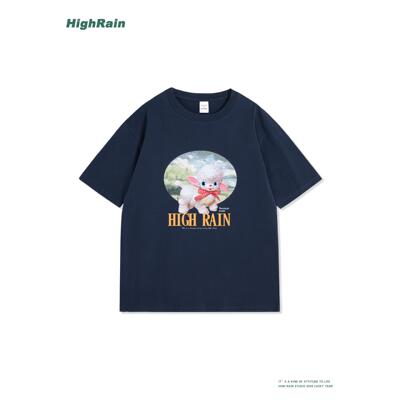 HighRain藏青色小羊印花短袖T恤