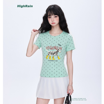 HighRain绿色波点斑点狗T恤女修
