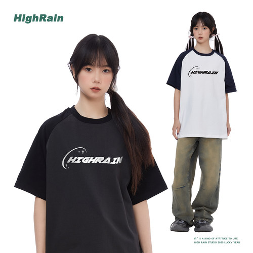 潮酷字母插肩袖T恤男女