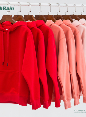 HIGH RAIN本命年大红纯色连帽卫衣摇粒绒加厚oversize套头内搭潮