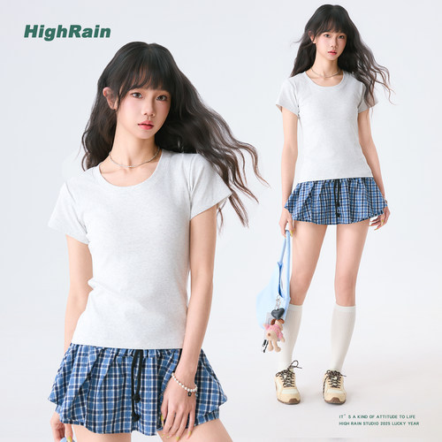 正肩短袖T恤女白色修身显瘦