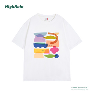 上衣潮 HIGH RAIN美式 复古手绘印花短袖 T恤女小众慵懒风纯棉不撞款