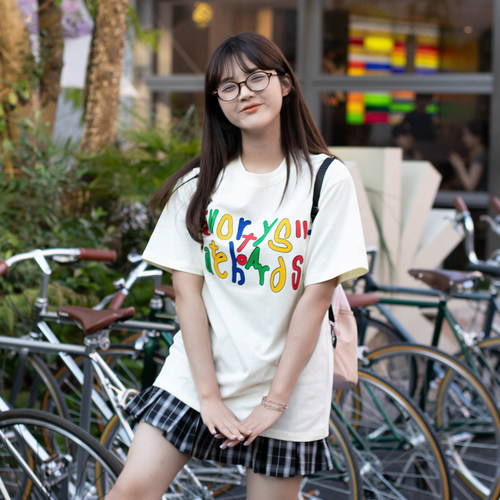 复古花体字母印花纯棉短袖T恤