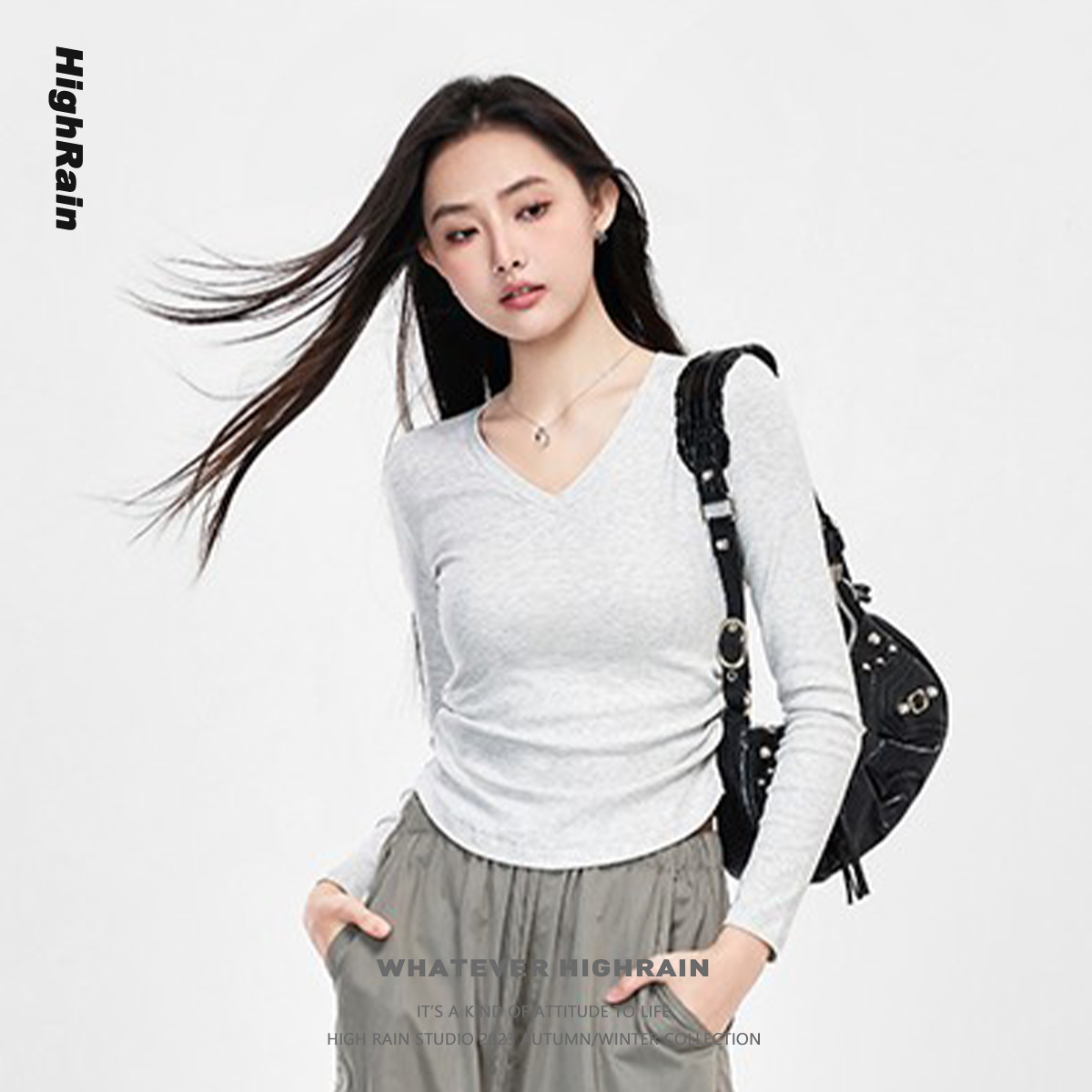 正肩V领打底衫抽褶收腰修身上衣