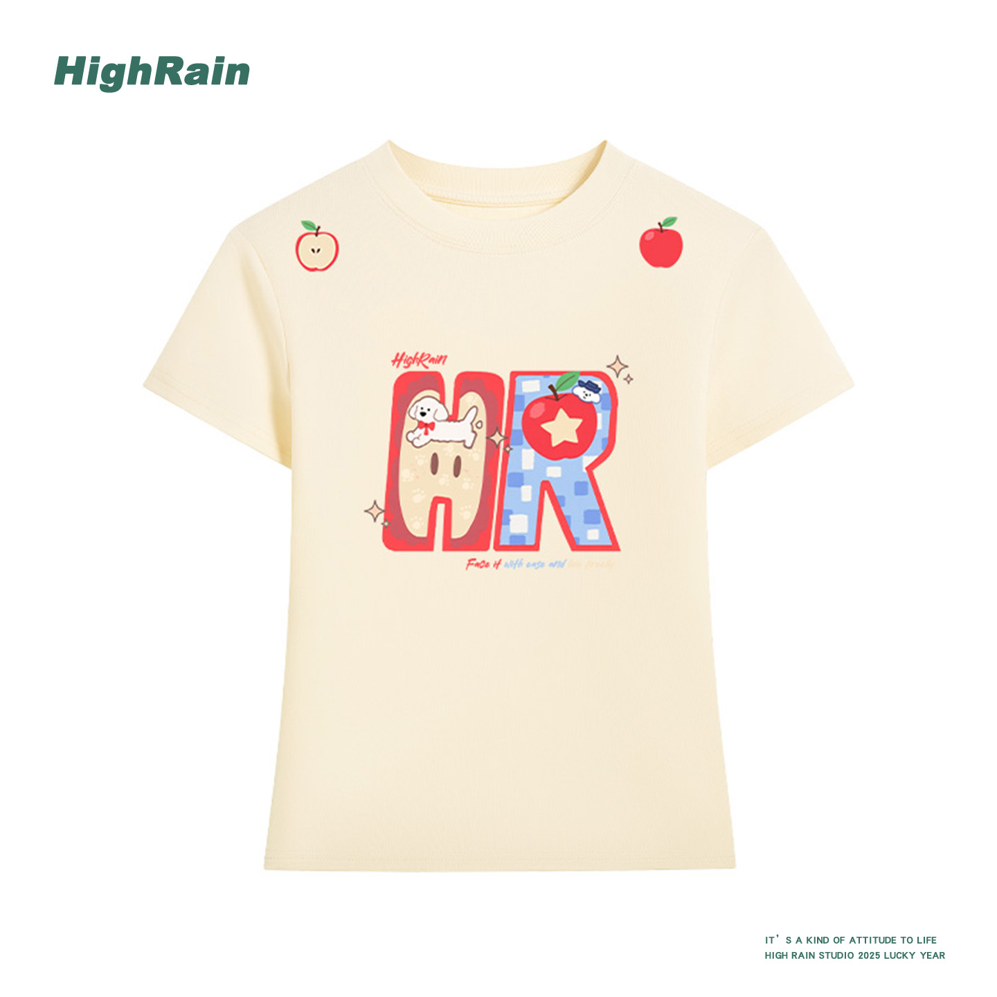 韩系趣味苹果系印花正肩短袖T恤