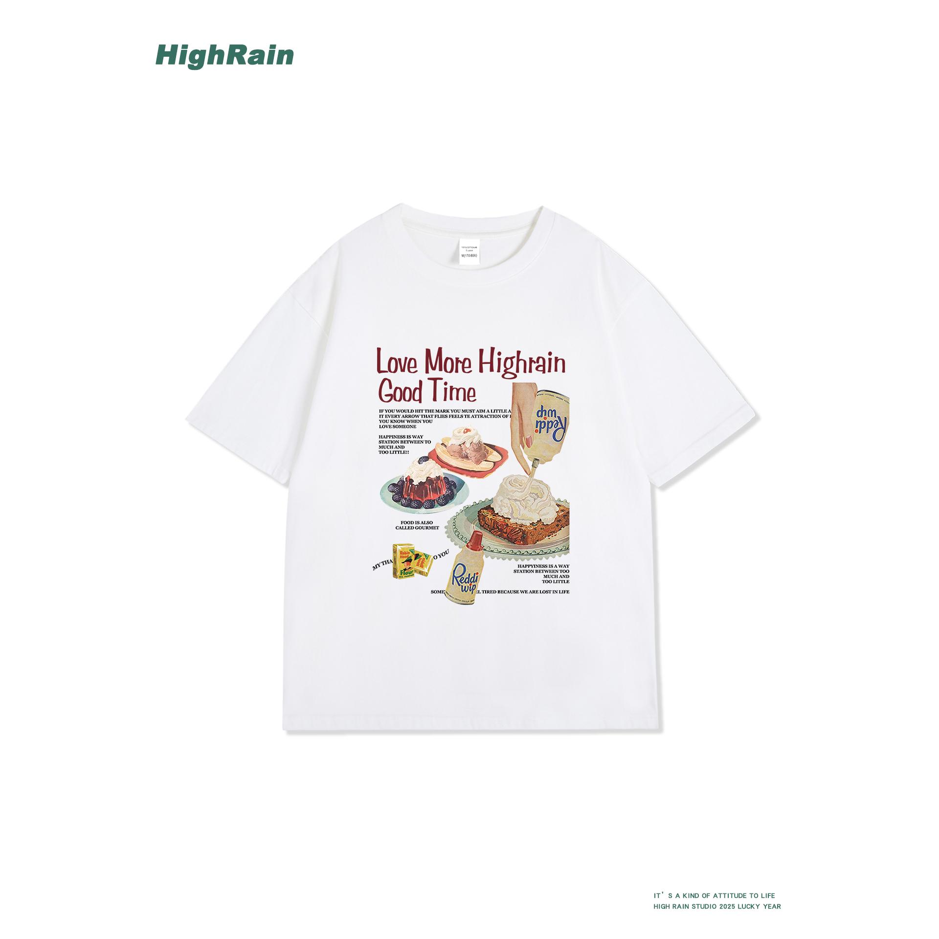 HighRain白色T恤美式复古甜品奶油印花夏季宽松短袖男女同款上衣
