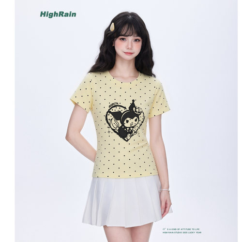 HighRain奶黄波点T恤女夏季新款