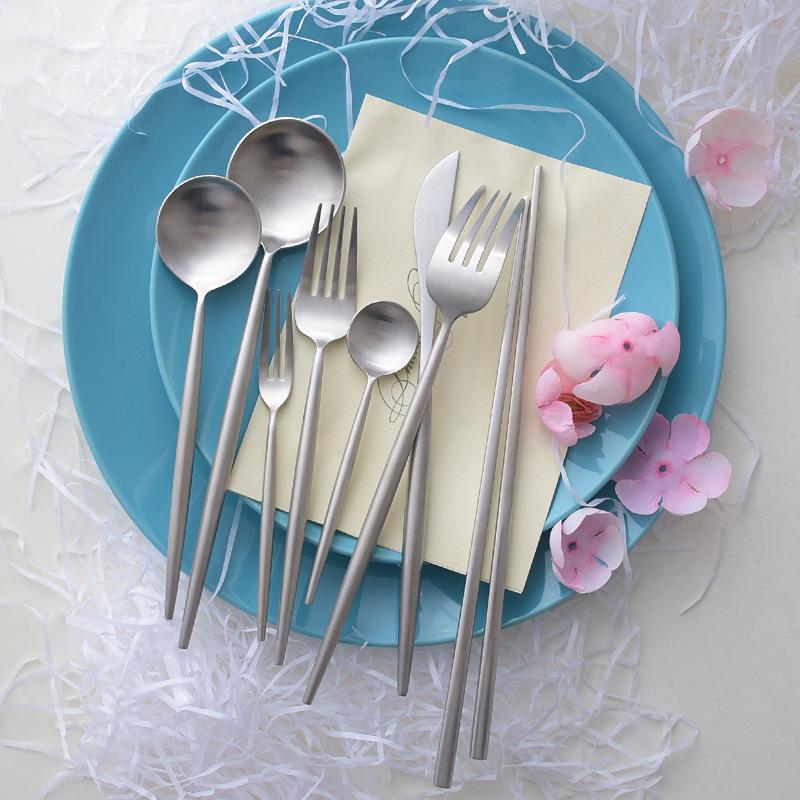 Round Handle Set Matte Silver Knife Fork Stirring Spoon