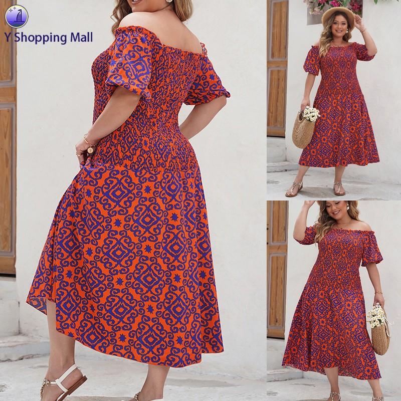 Female Summer Casual Plus Size One-Shoulder Printed Dress