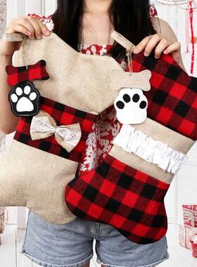 Pet Christmas Stocking, Burlap Plaid with Bone Pattern Decor