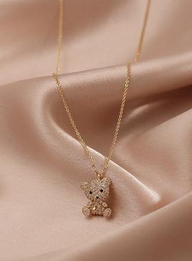 韩版初中生送朋友礼物可爱小熊钛钢项炼女轻奢饰品锁骨炼颈炼首饰