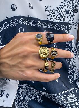 Sindlan 6Pcs Vintage Black Stone Rings for Men Gothic Skelet