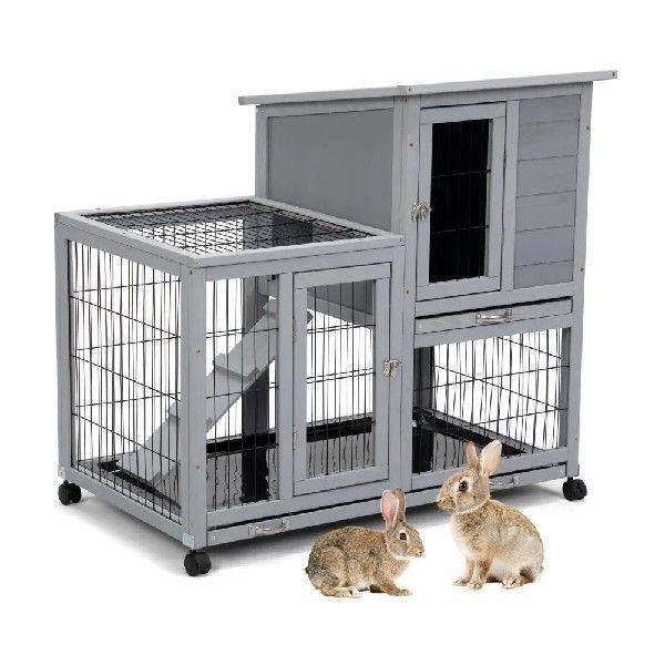 Detachable Rabbit Hutch With Removable Tray Rolling Casters