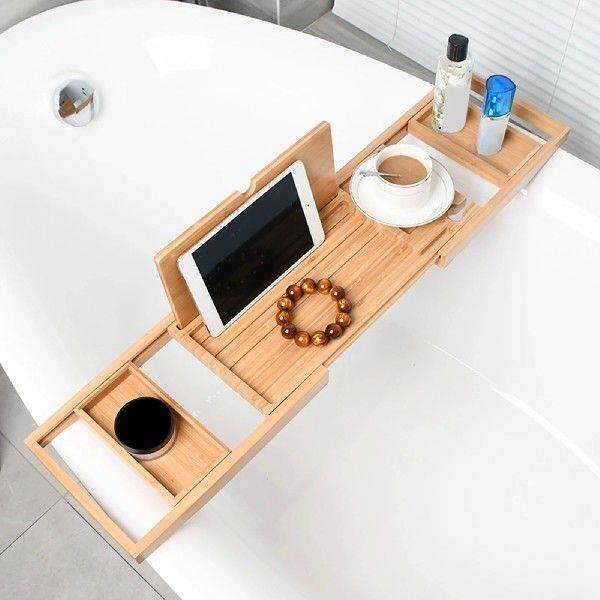 Expandable Wooden Bathtub Caddy Tray Adjustable Bath Soap