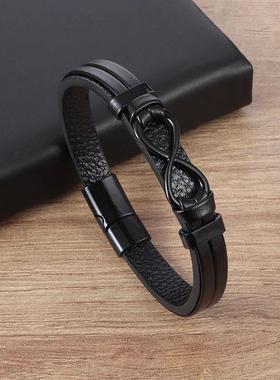 Mens Womens Couple Metal Infinity Sign Leather Bracelet Magn