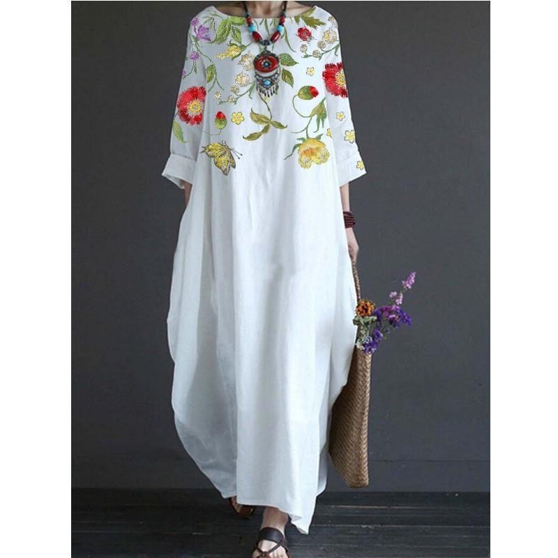 Feminine Long Dress Round Neck Retro Print Art Dress with 3/