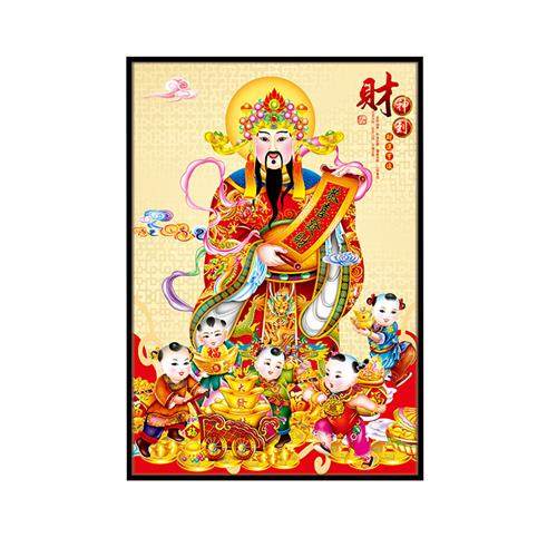 新中式招财神到散财童子人物像酒店财务部办公室走廊装饰晶瓷挂画