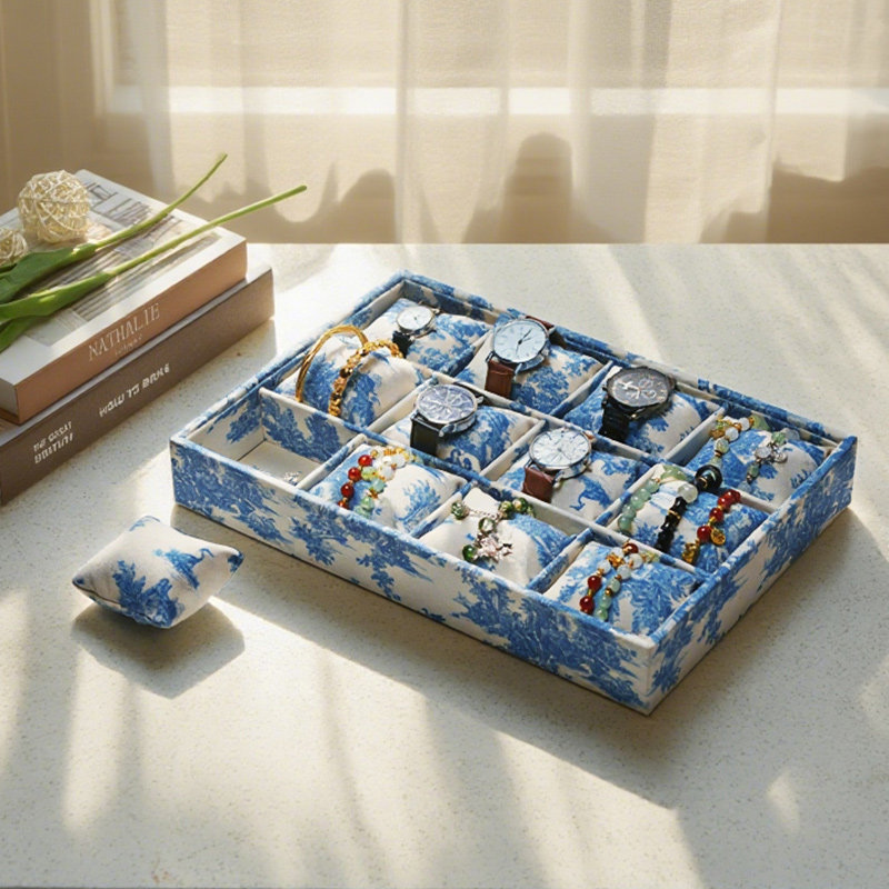 大号法式复古布艺印花麻布手表手链手镯首饰展示架12位枕头收纳盒