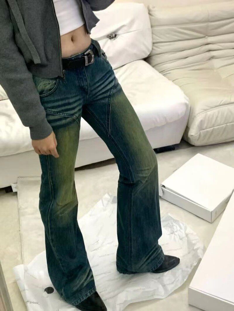 BLUE DISTRESSED MICRO-FLARED JEANS WOMAN LOW WAIST LOOKS THIN AMERICAN RETRO HIGH STREET TALL EXTENDED MOP PANTS