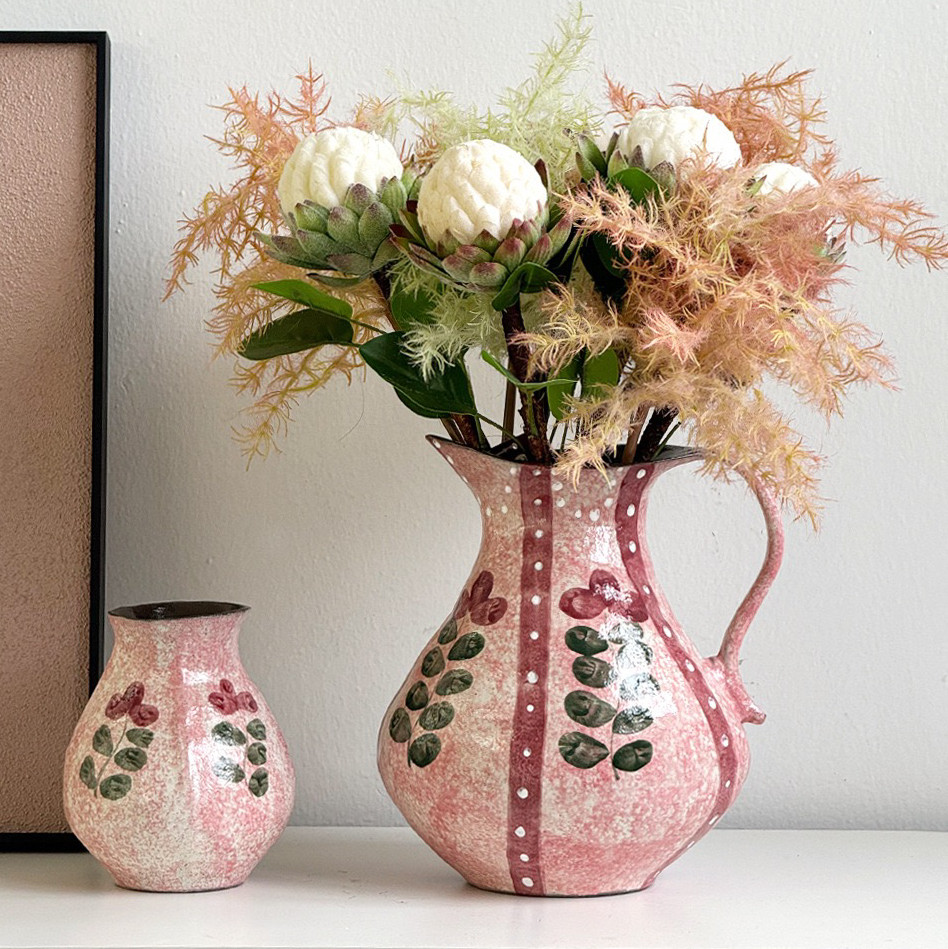 粉色手绘陶瓷花瓶复古粗陶花器景德镇田园风创意手工陶艺水培花瓶