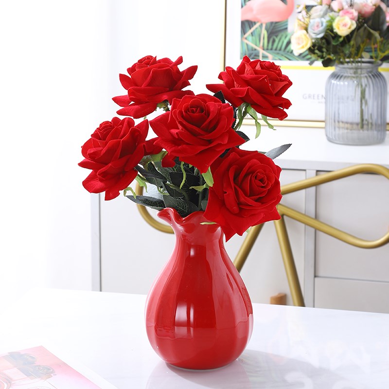 婚礼红色花瓶仿真玫瑰花套装婚房客厅餐桌装饰摆件喜庆干花新款