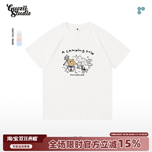 Guozii白色日系可爱风纯棉重磅短袖 t恤女学院风宽松圆领体恤上衣