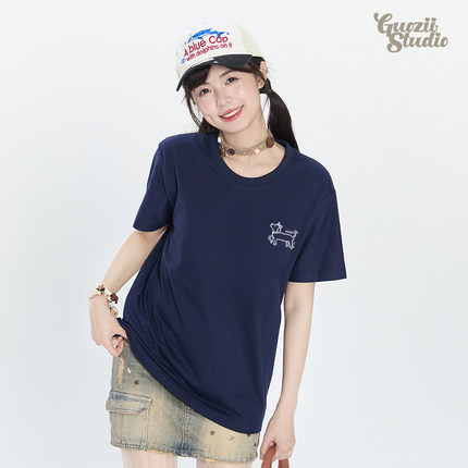 Guozii简约印花设计感正肩短袖t恤女夏季宽松休闲显白纯棉上衣潮