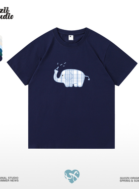 Guozii藏蓝色显白正肩短袖t恤女学院风甜美纯棉重磅休闲体恤上衣