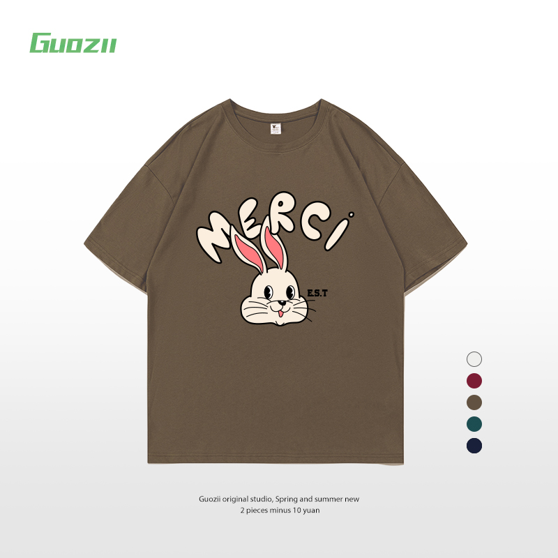 Guozii可爱甜美棕色正肩短袖t恤女纯棉兔子印花显白小个子体恤夏