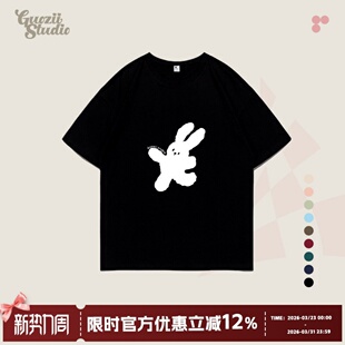 显瘦纯棉ins风情侣上衣 新款 Guozii黑色印花短袖 t恤女卡通兔子夏季