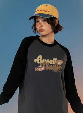 Guozii暗灰色插肩长袖t恤女美式复古街头小个子打底衫宽松上衣秋